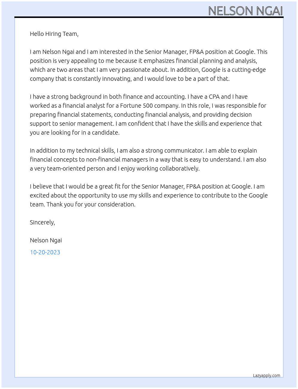 Senior Manager, FP&A At Google Cover Letter