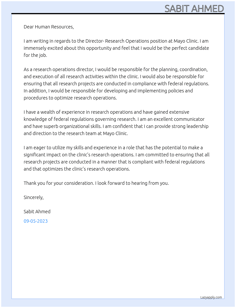 Director- Research Operations At Mayo Cinic Cover Letter