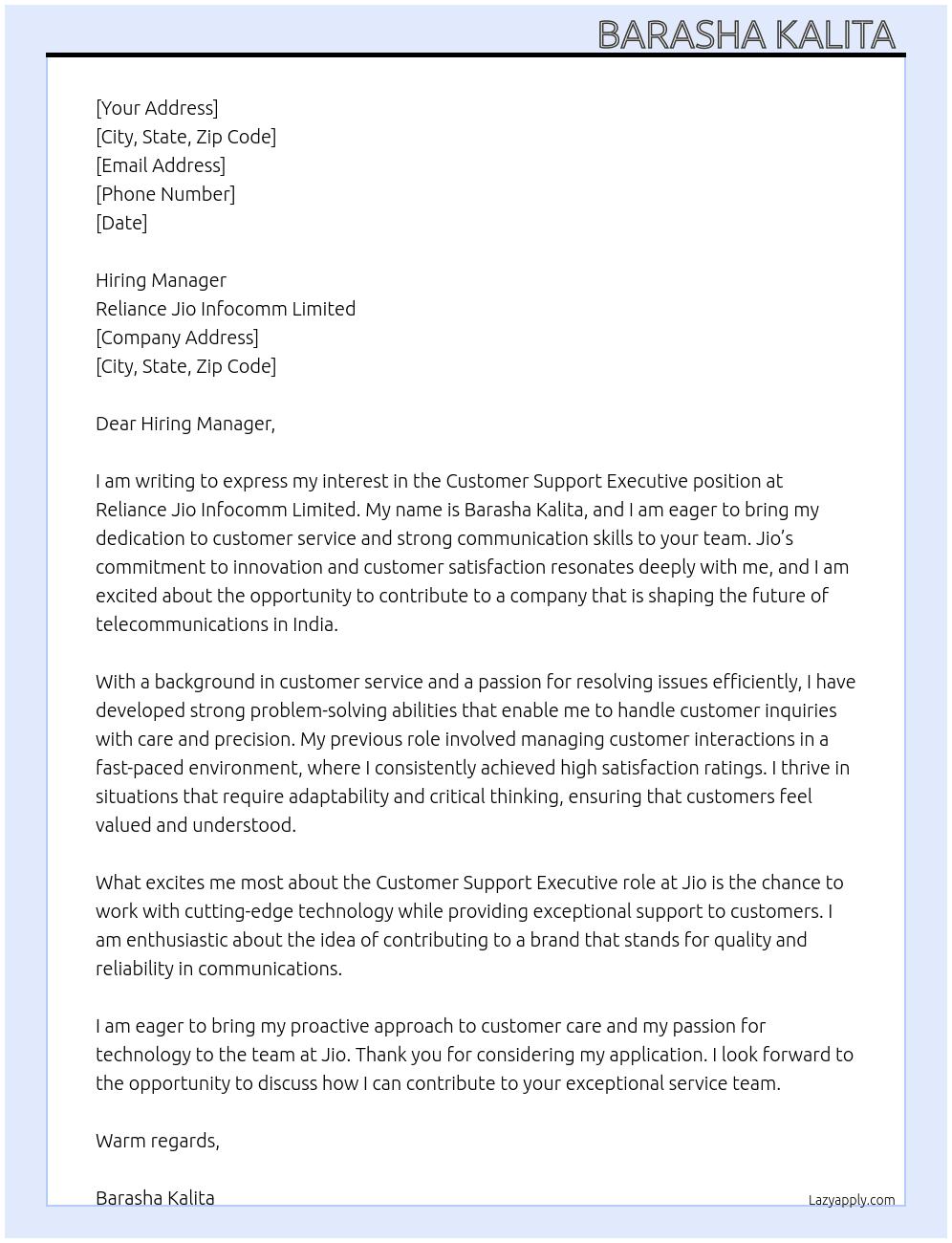 Customer Support Executive / Jio Associate At Reliance Jio Infocomm Limited  Cover Letter