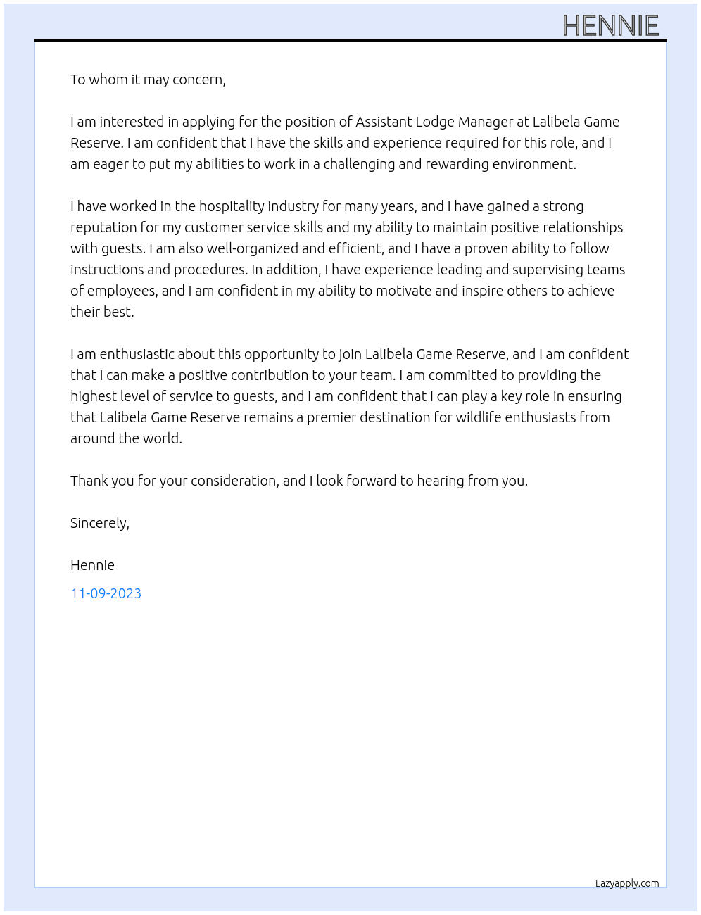 Assistant Lodge Manager At Lalibela Game Reserve Cover Letter