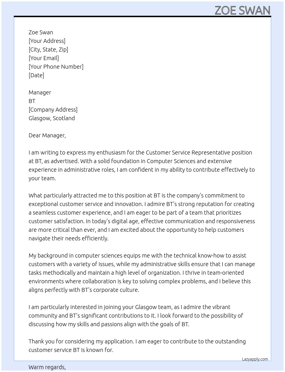 Customer Service Representative At BT Cover Letter