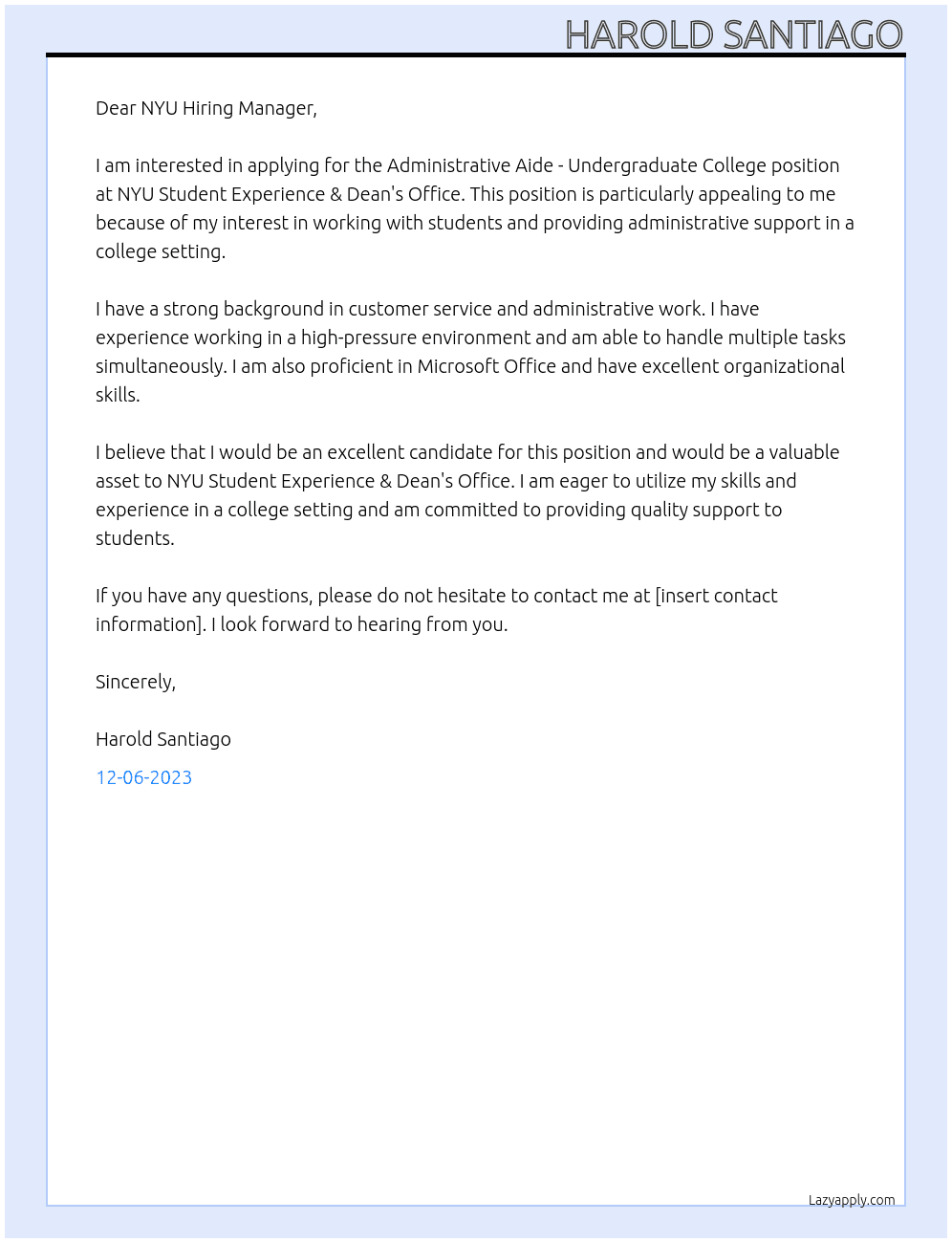 Administrative Aide - Undergraduate College At NYU Student Experience & Dean's Office Cover Letter