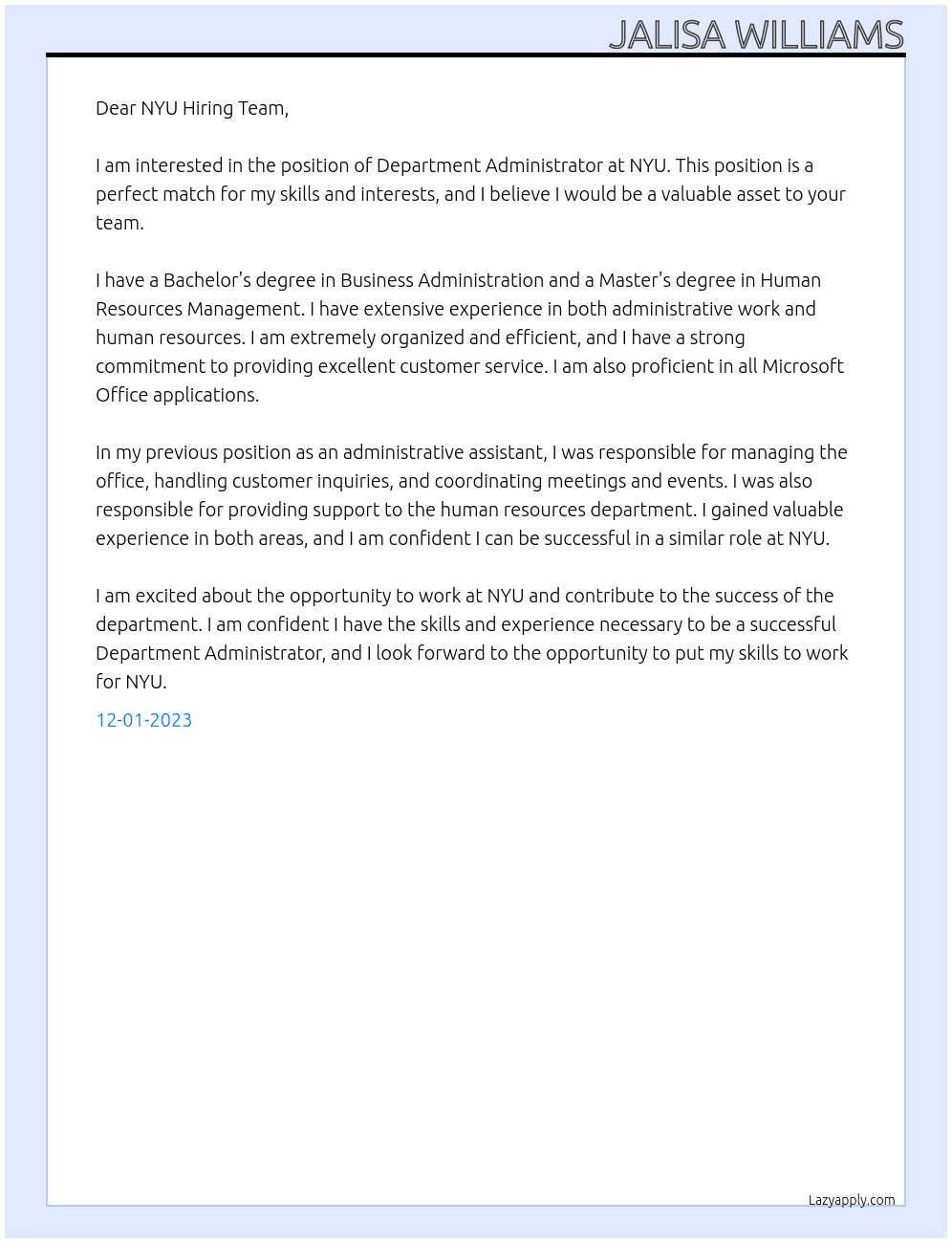 Department Administrator At NYU Cover Letter
