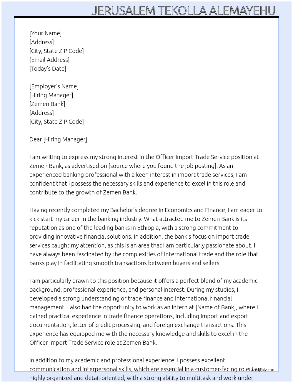 Officer Import Trade Service  At Zemen Bank  Cover Letter