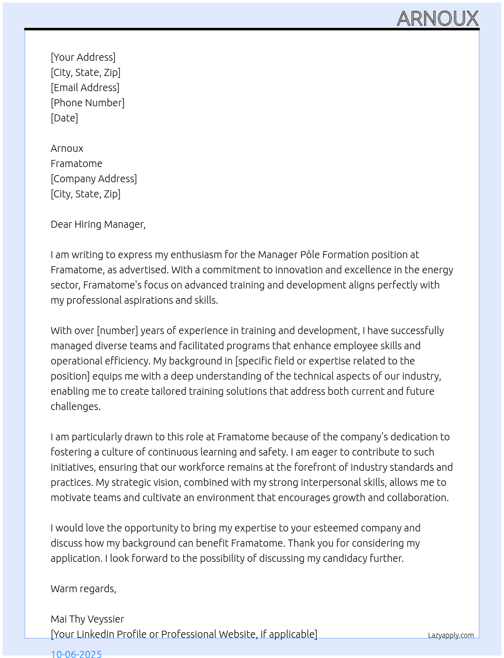 Manager Pôle Formation At framatome Cover Letter