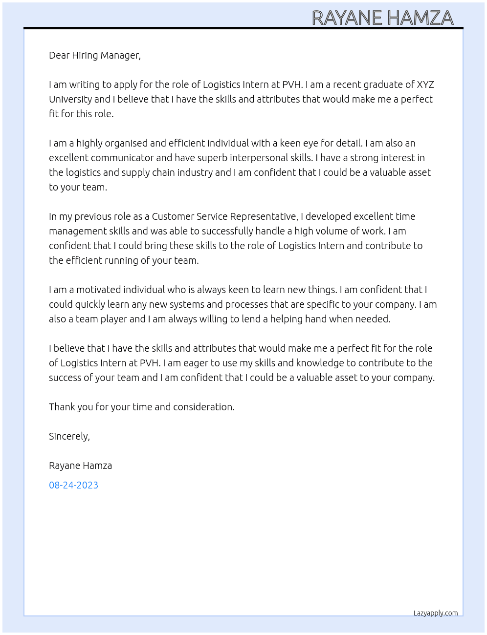 Logistics Intern At PVH Cover Letter