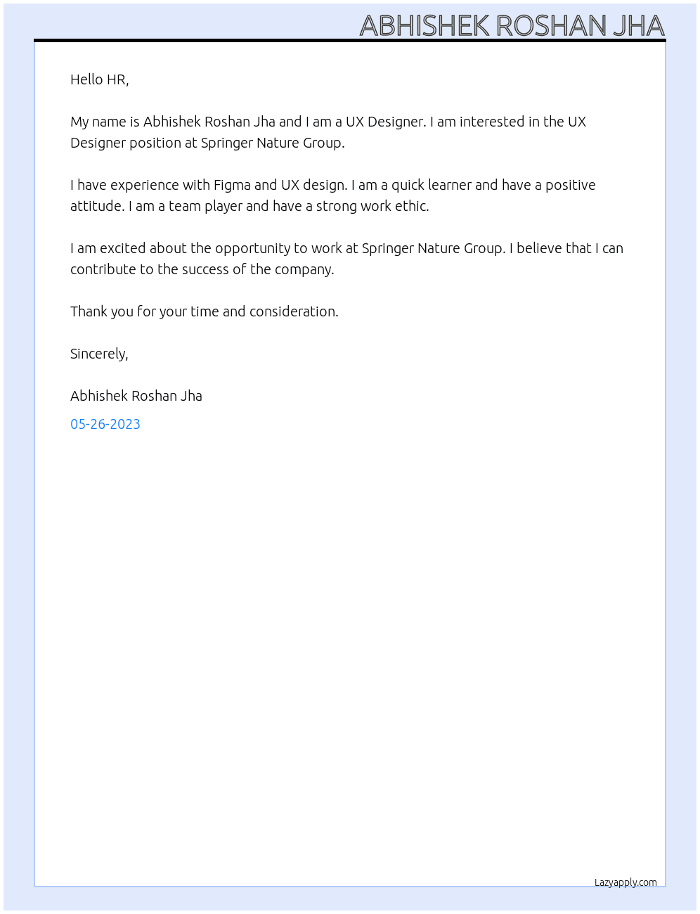 UX Designer At Springer Nature Group Cover Letter