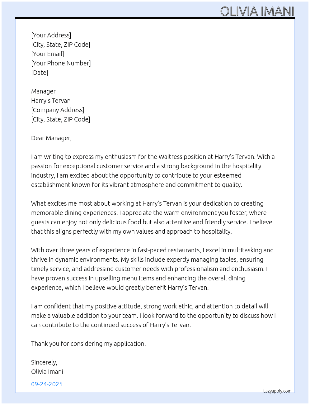 Waitress At Harry's Tervan Cover Letter
