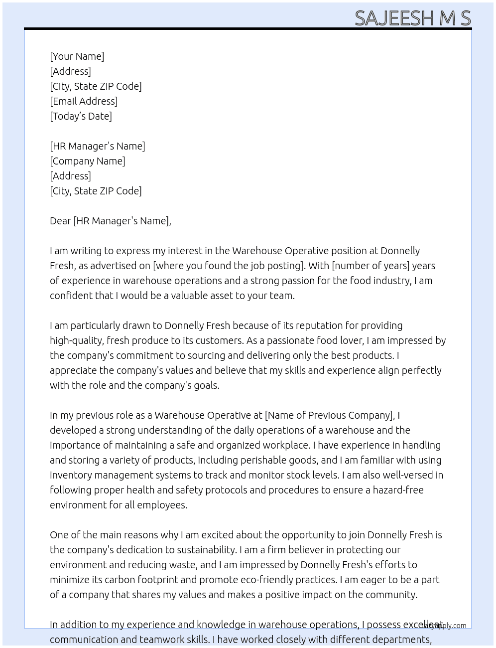 Warehouse Operative At Donnelly Fresh Cover Letter