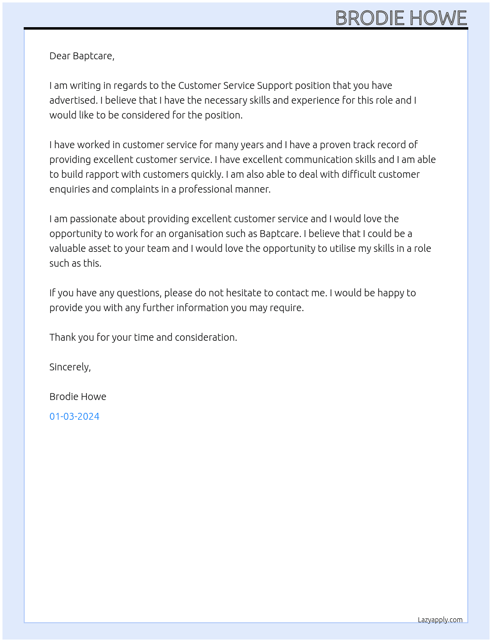 Customer Service Support At Baptcare Cover Letter
