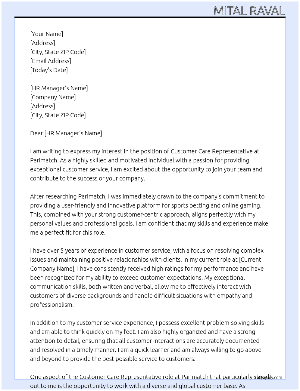 Customer Care Representative At Parimatch Cover Letter