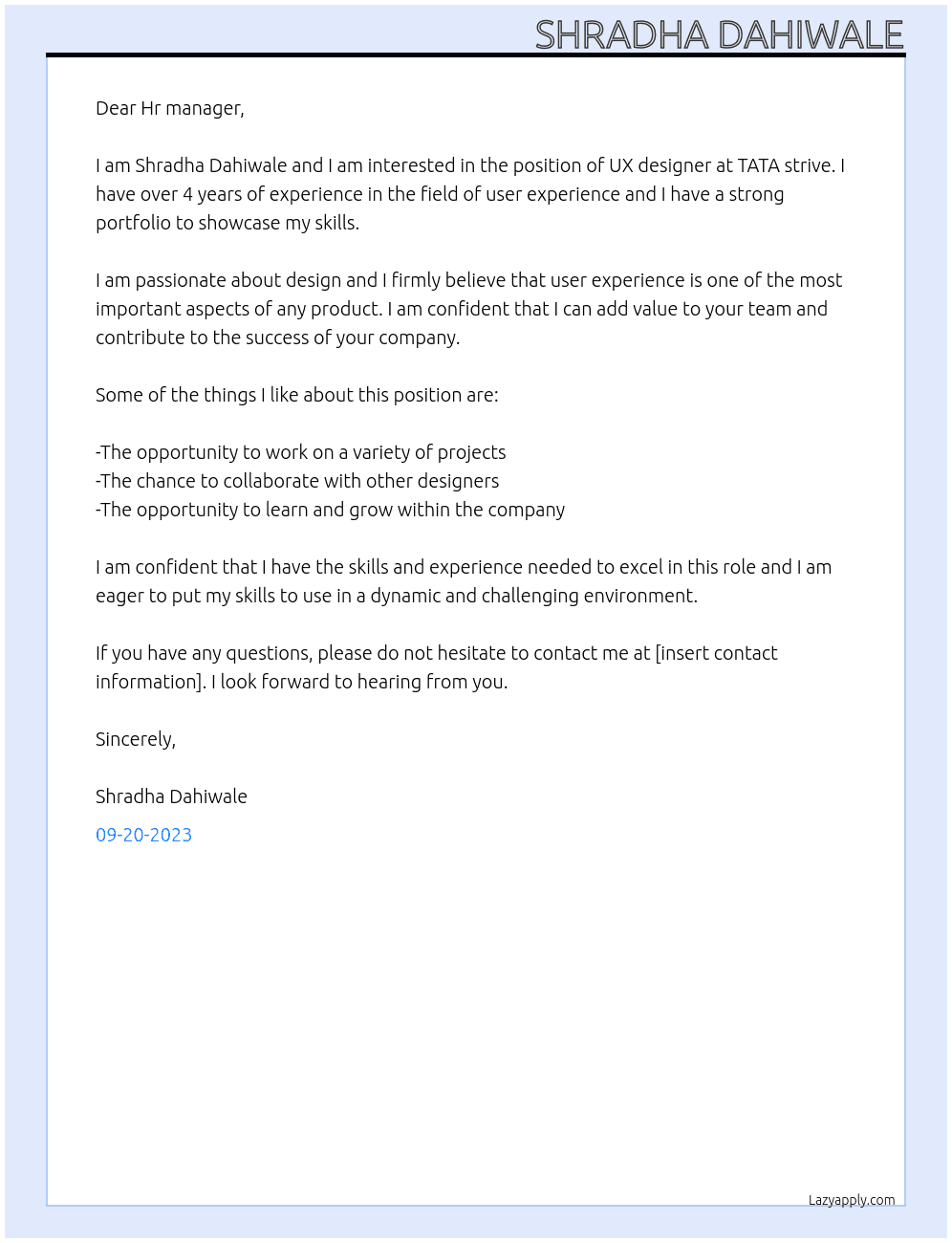 UX designer  At TATA strive  Cover Letter