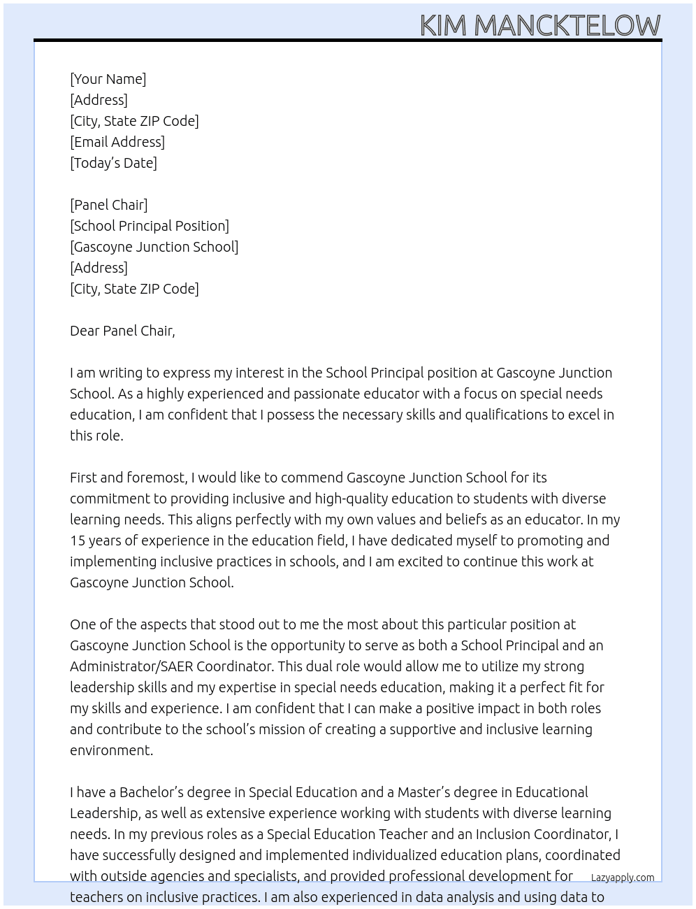 School Principal  At Gascoyne Junction School  Cover Letter