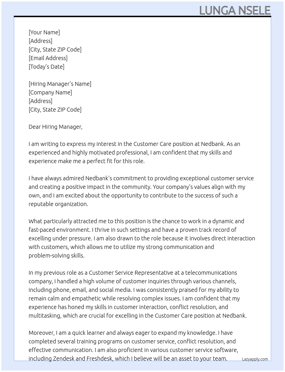 Customer Care  At Nedbank Cover Letter
