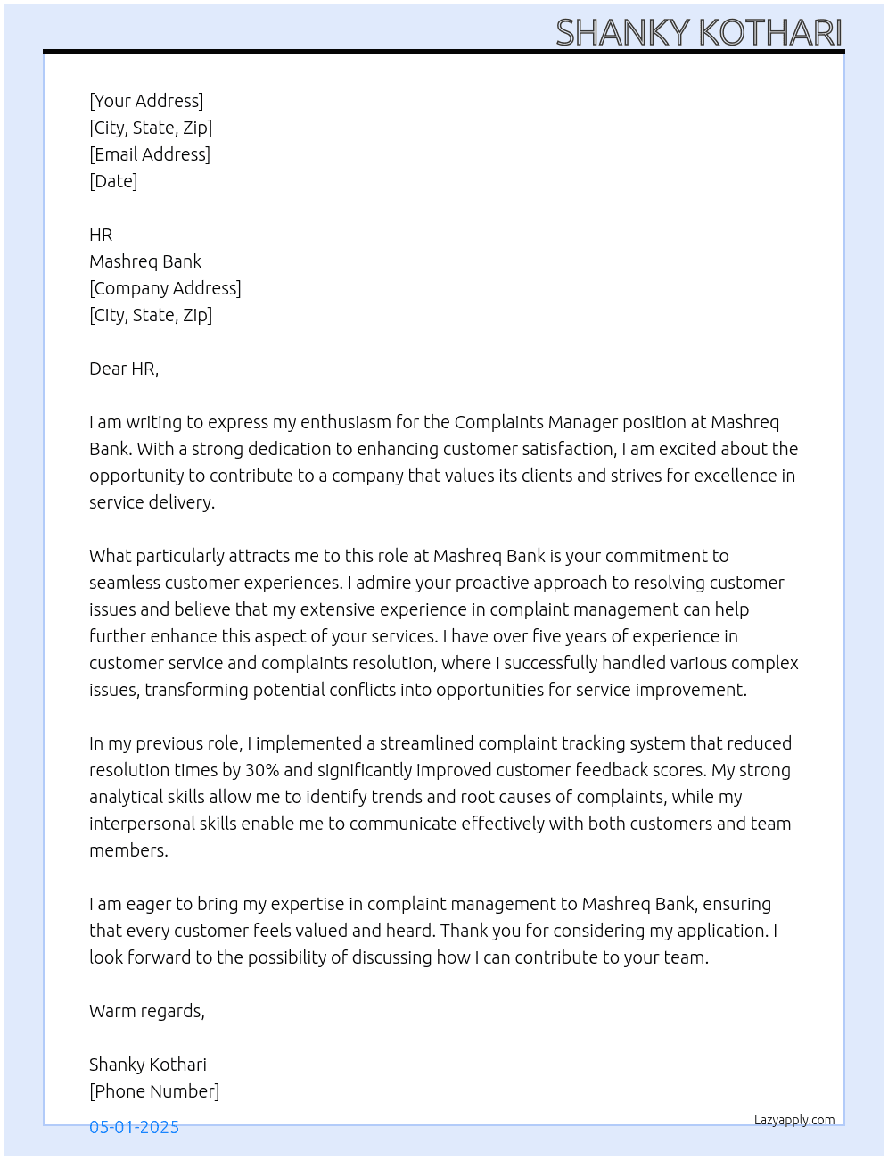 Cover letter for complaints manager - LazyApply