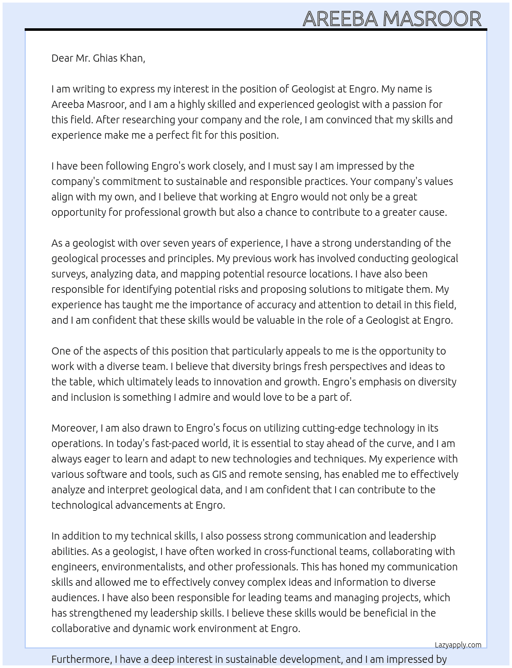 Geologist At Engro Cover Letter