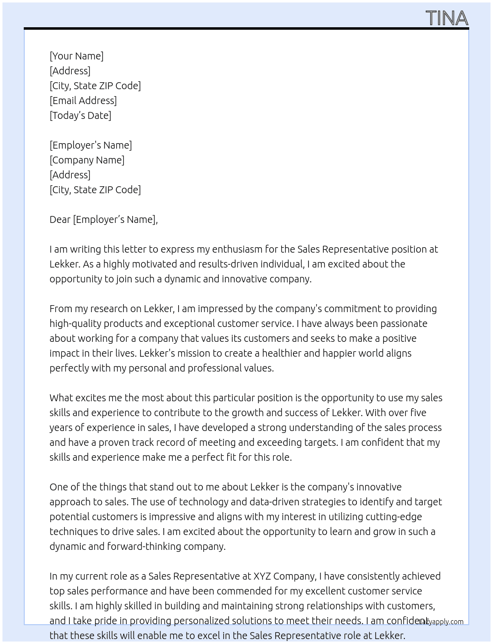 sales rep At Lekker Cover Letter