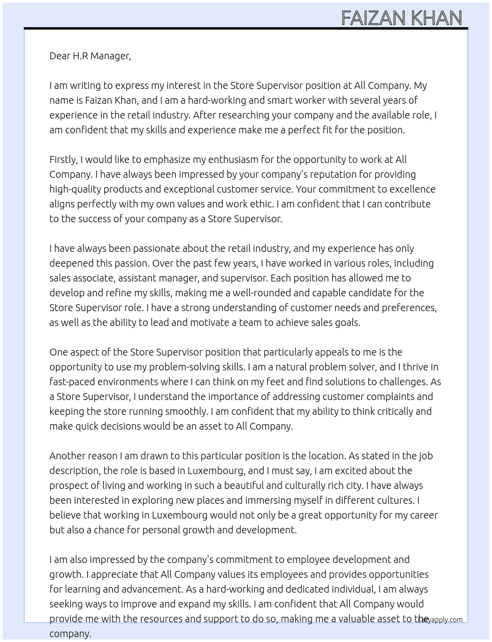 Store supervisor  At All company  Cover Letter