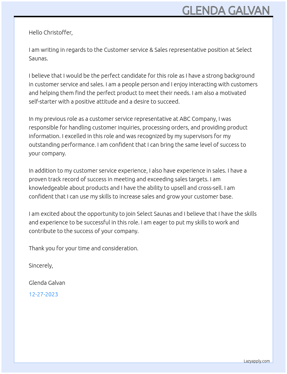 Customer service & Sales representative  At Select Saunas Cover Letter