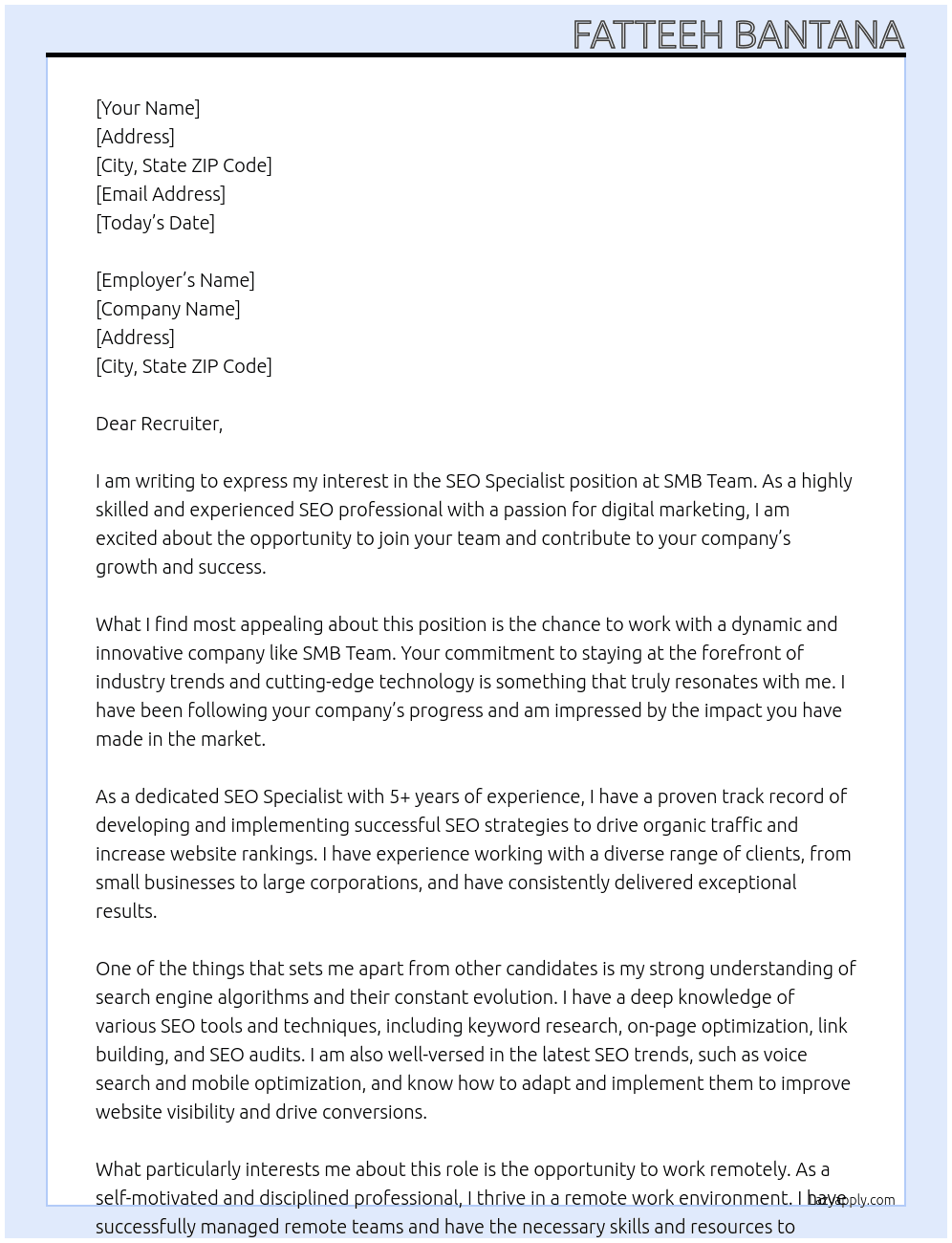 SEO SPecialist At SMB Team Cover Letter