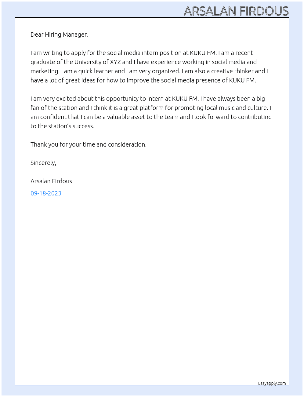 social media intern At KUKU FM Cover Letter