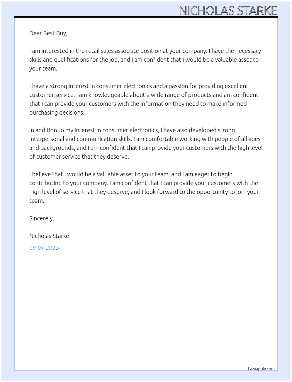 retail sales associate At Best Buy Cover Letter