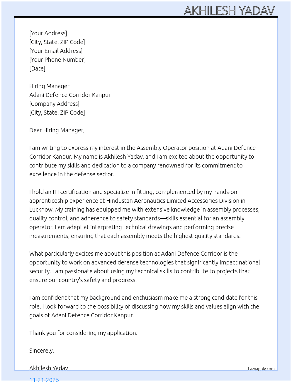 Cover letter for assembly operator - LazyApply