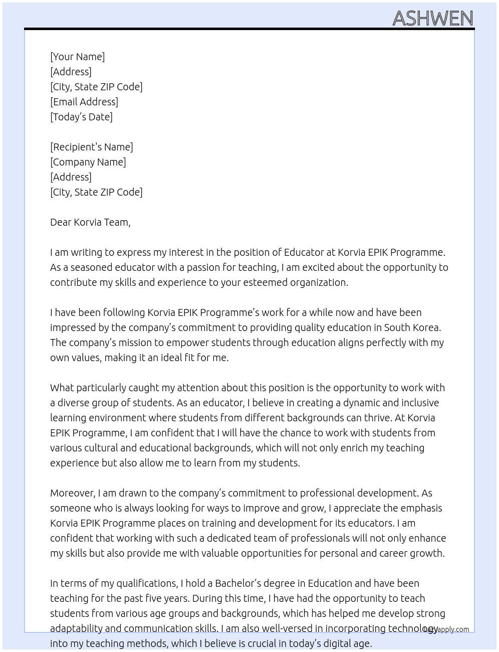 educator At KORVIA EPIK PROGRAMME Cover Letter