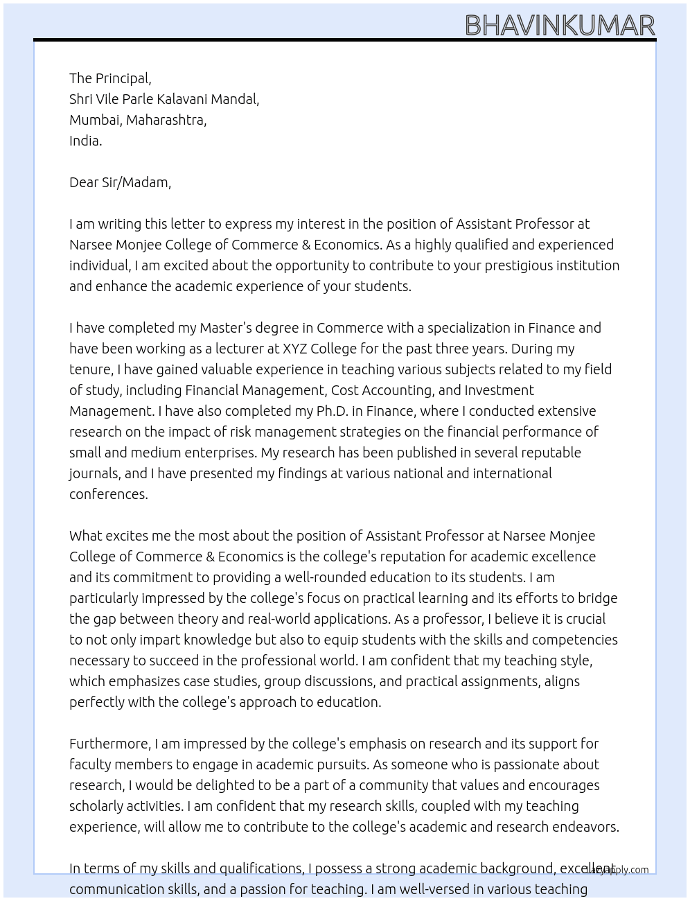 Assistant professor At Narsee Monjee College of Commerce & Economics Cover Letter