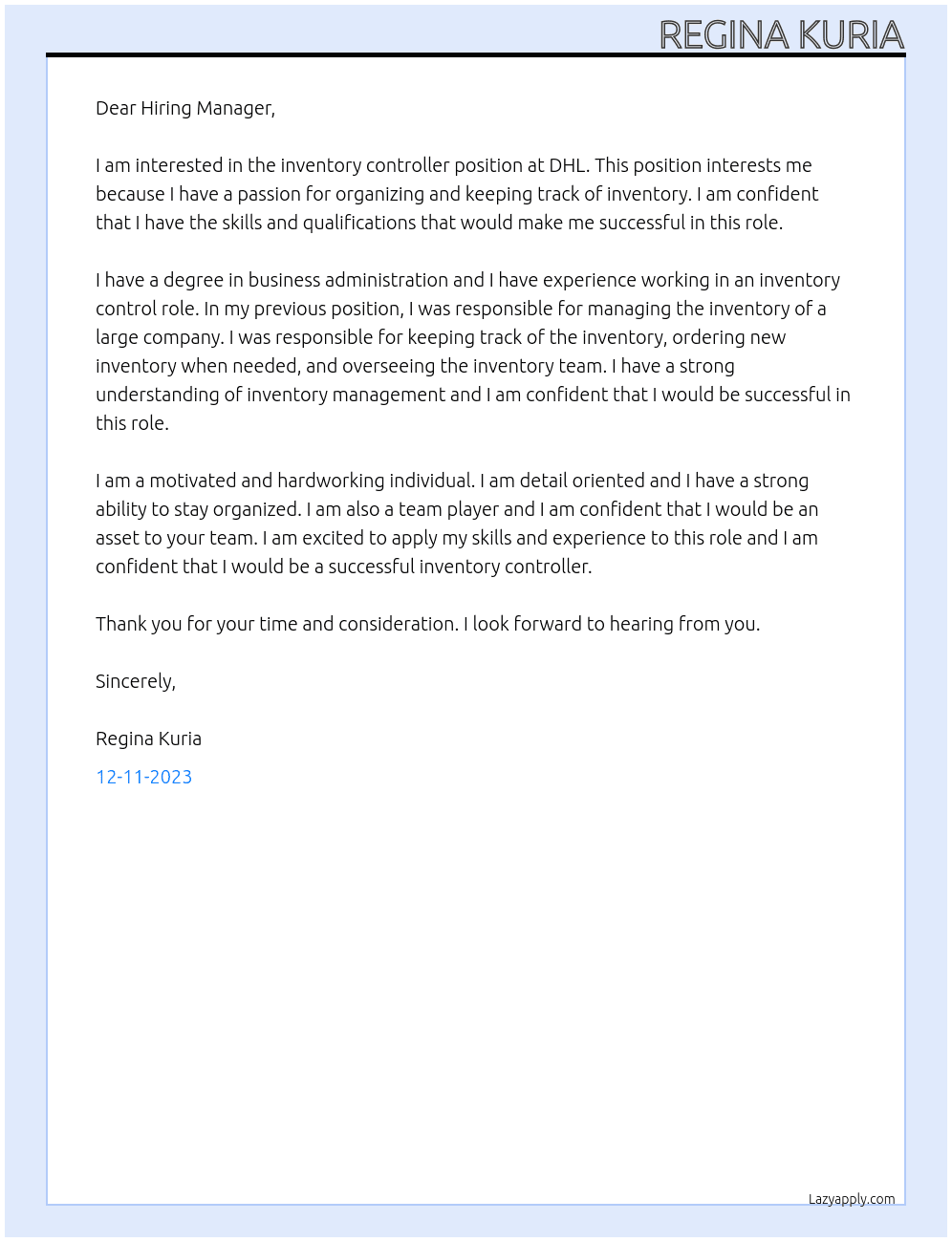inventory controller At DHL Cover Letter