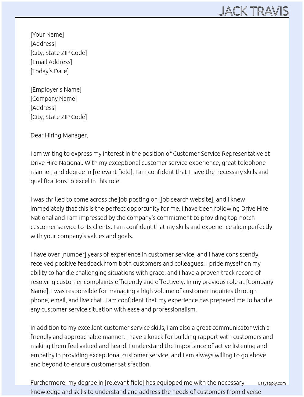 Customer Service Representative At Drive Hire National Cover Letter