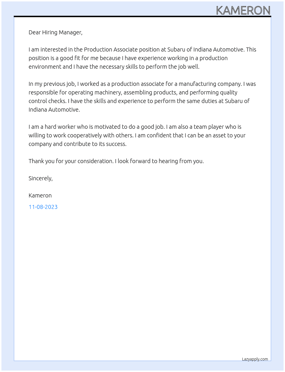 Production Associate At Subaru of Indiana Automotive Cover Letter