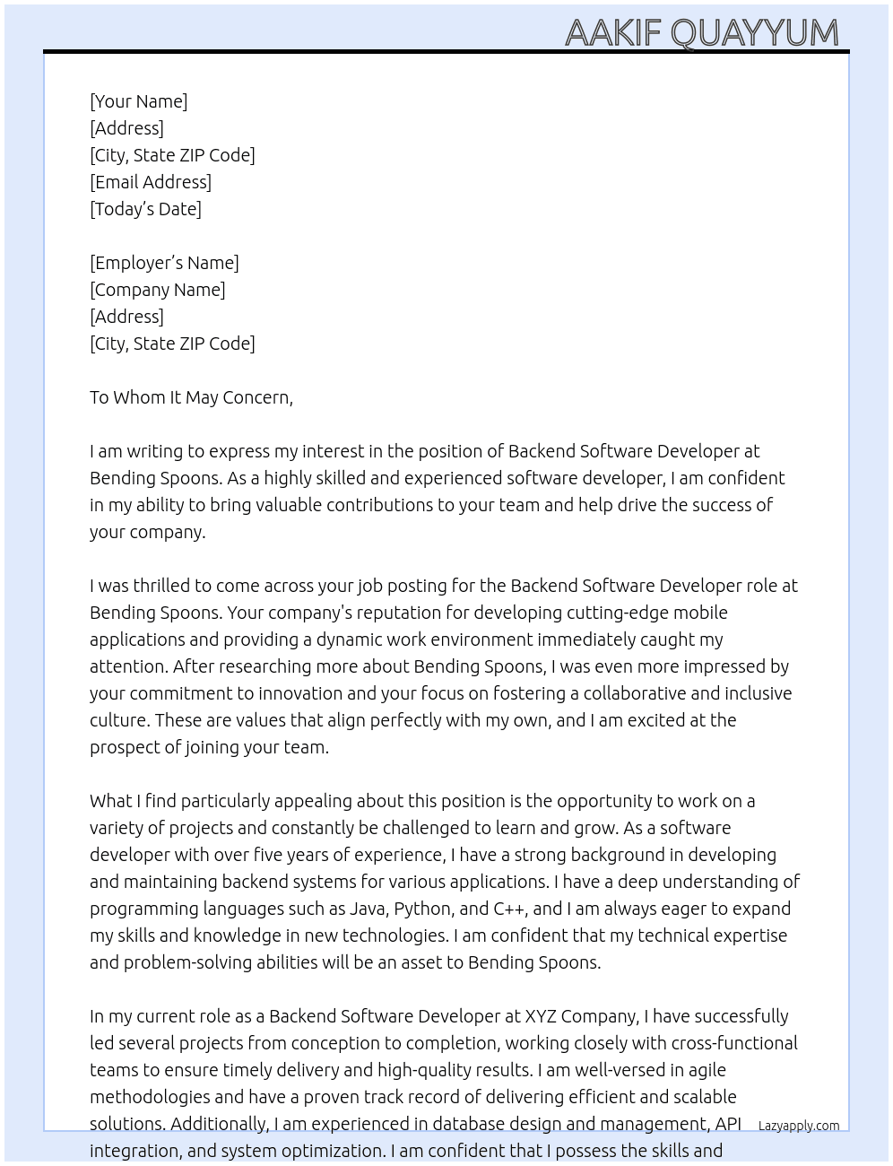 Backend Software developer At Bending spoons Cover Letter