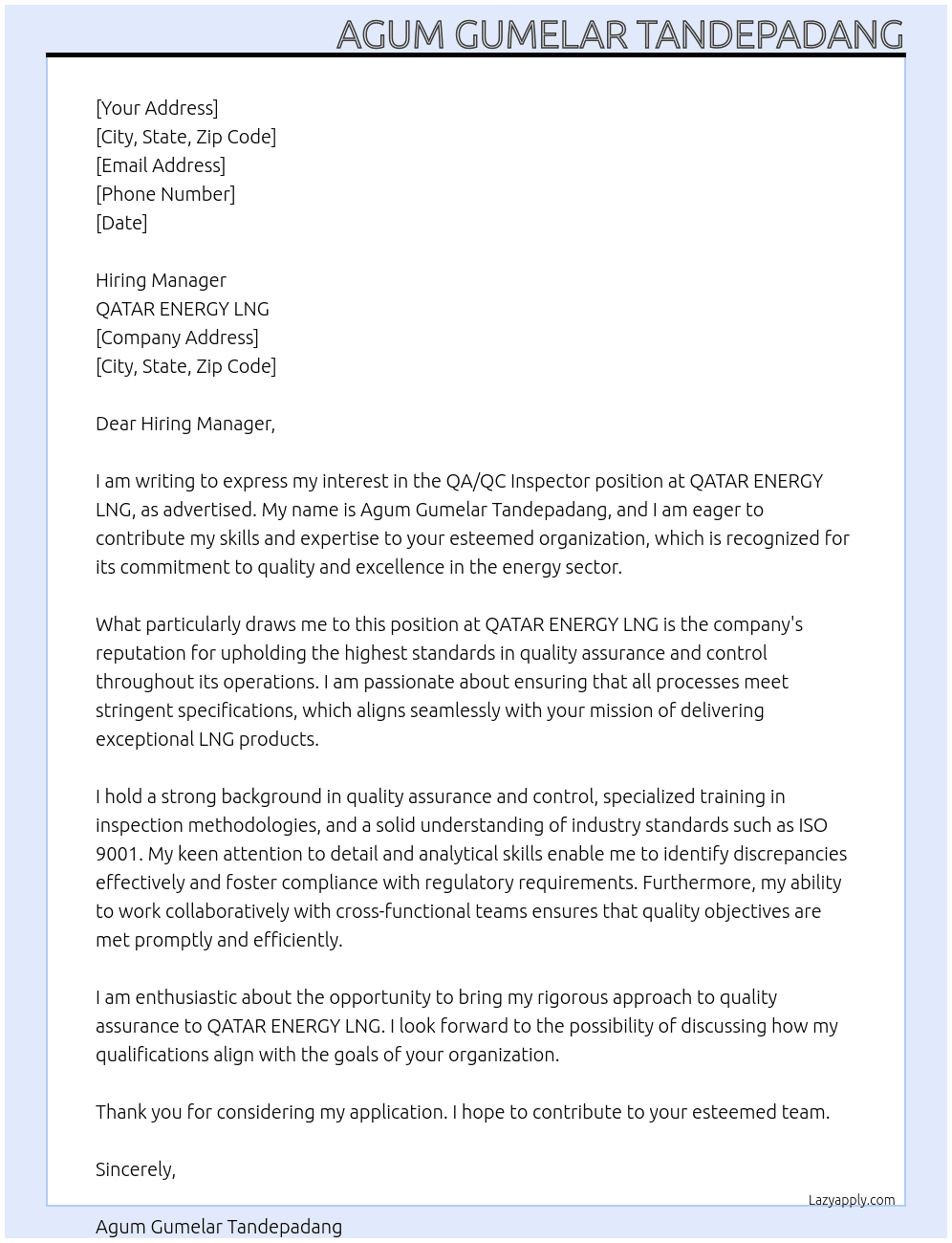 QA /QC Inspector At QATAR ENEGRY LNG Cover Letter
