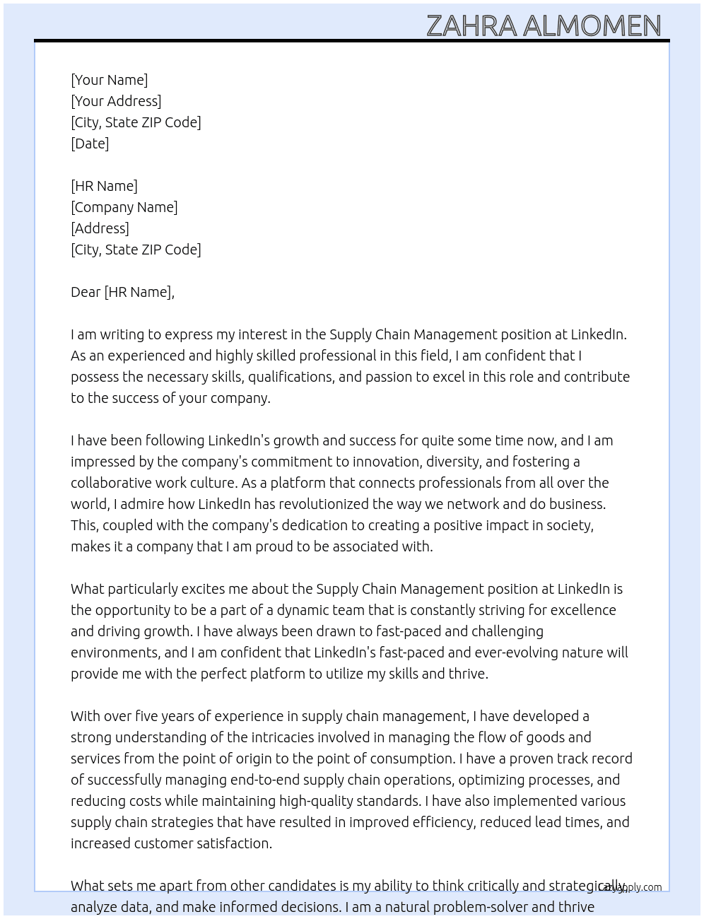 Supply chain management At LinkedIn  Cover Letter