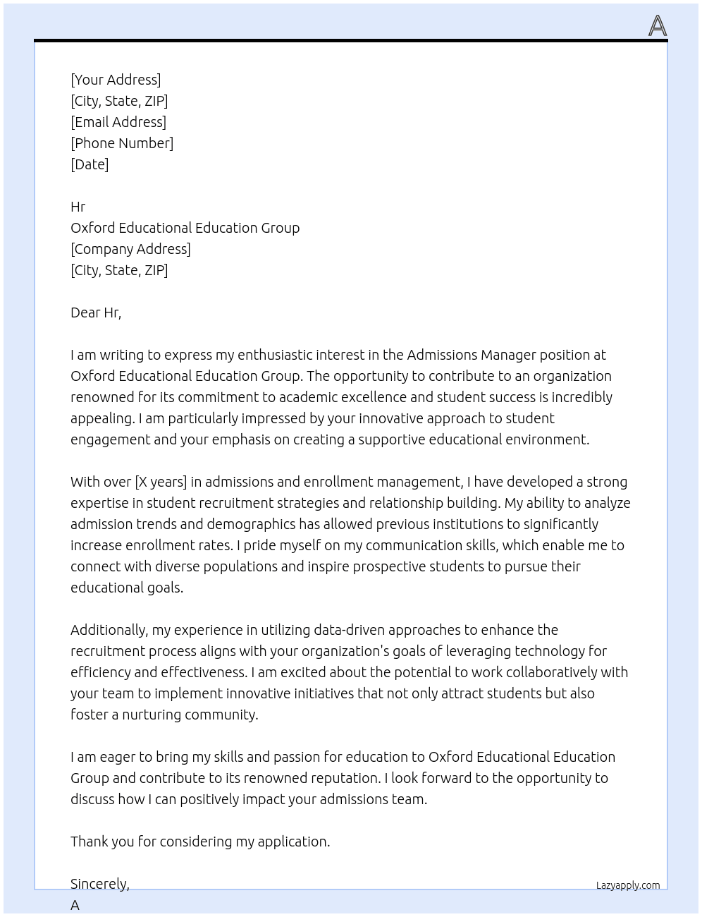 Admissions manager At Oxford Educational Education Group Cover Letter