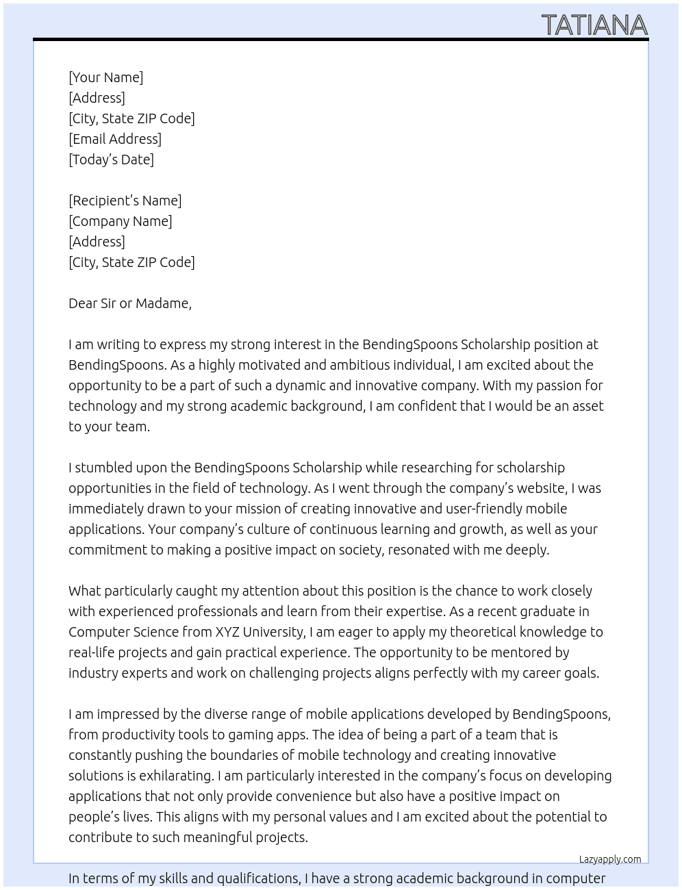 BendingSpoons Scholarship At BendingSpoons Cover Letter