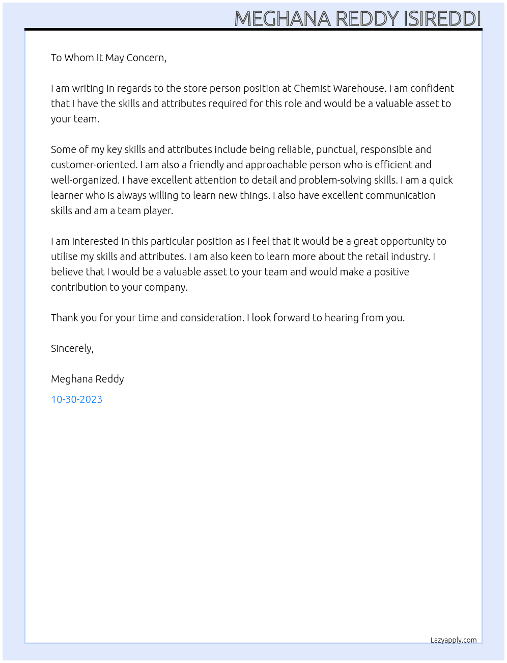 Store person At Chemist warehouse Cover Letter