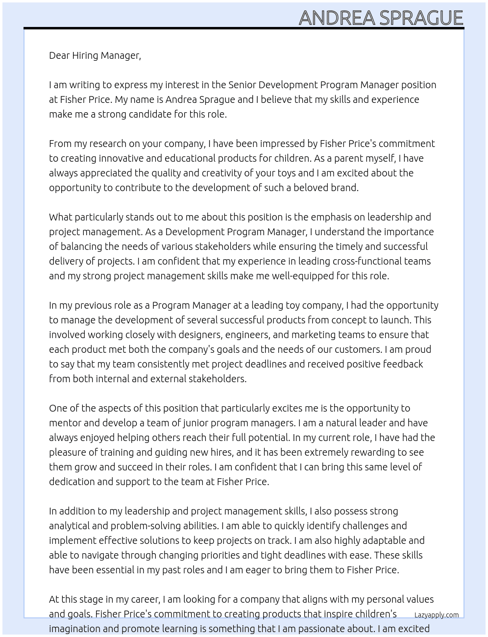 Senior Development Program Manager At Fisher Price Cover Letter