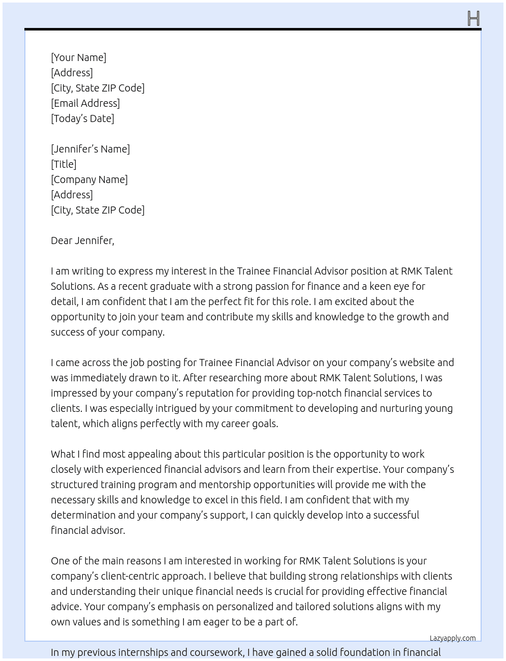 Trainee Financial Advisor At RMK Talent Solutions Cover Letter