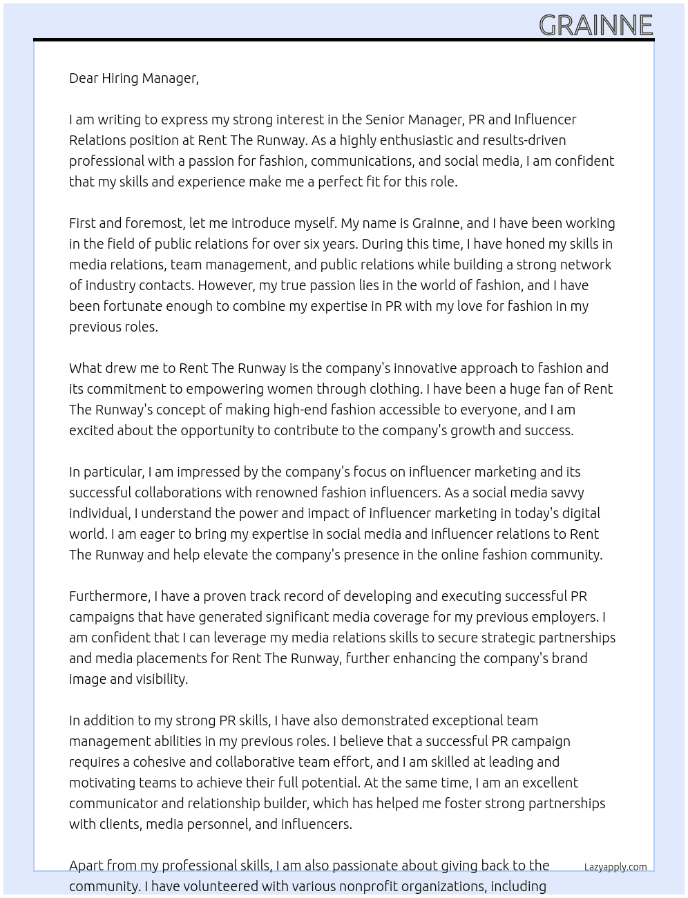 Senior Manager, PR and Influencer Relations At Rent The Runway Cover Letter