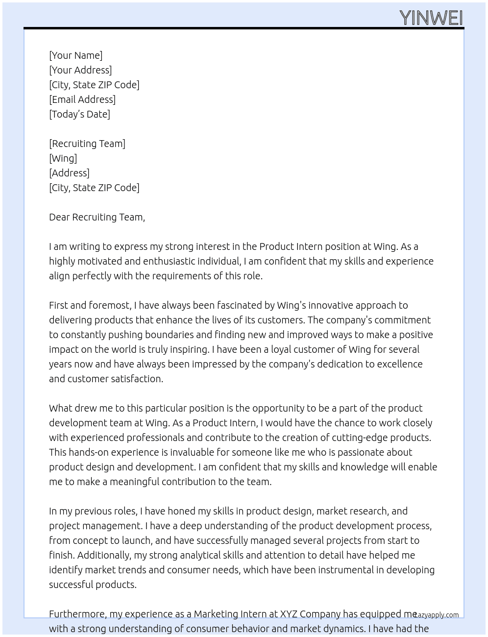 Product Intern At Wing Cover Letter