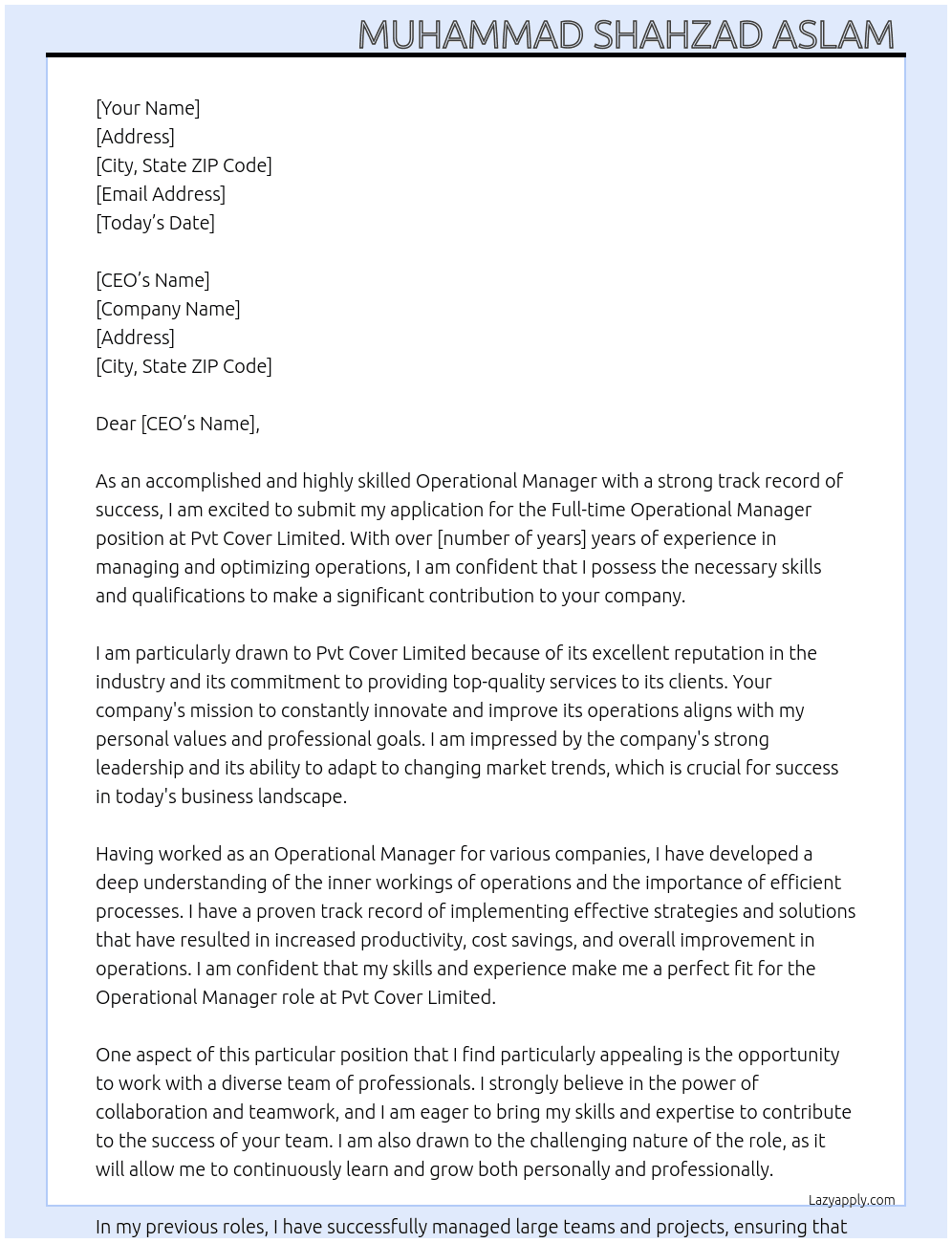 Operational Manager  At Pvt cover limited  Cover Letter