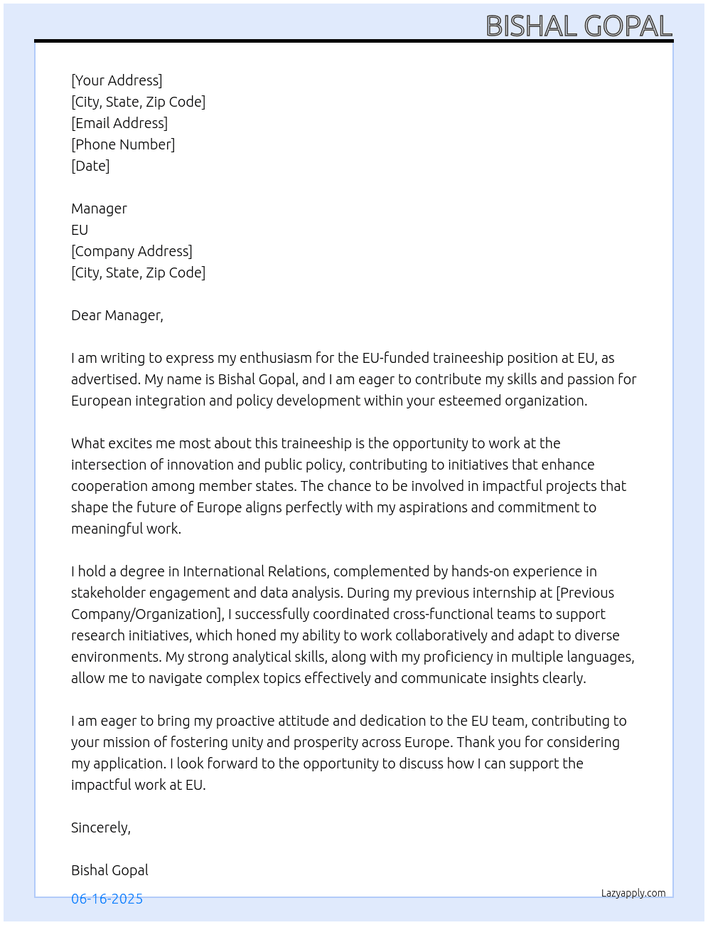 Cover letter for eu funded traineeship - LazyApply