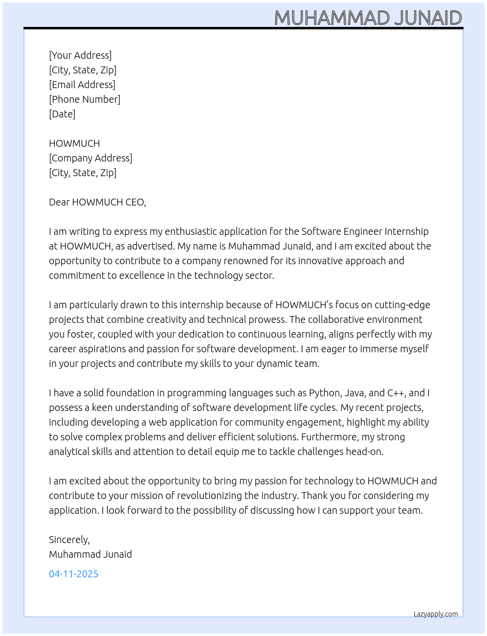 Software Engineer Interenship At HOWMUCH Cover Letter