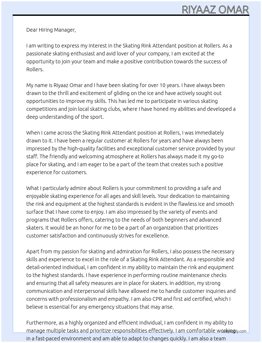 Skating Rink attendant  At Rollers Cover Letter