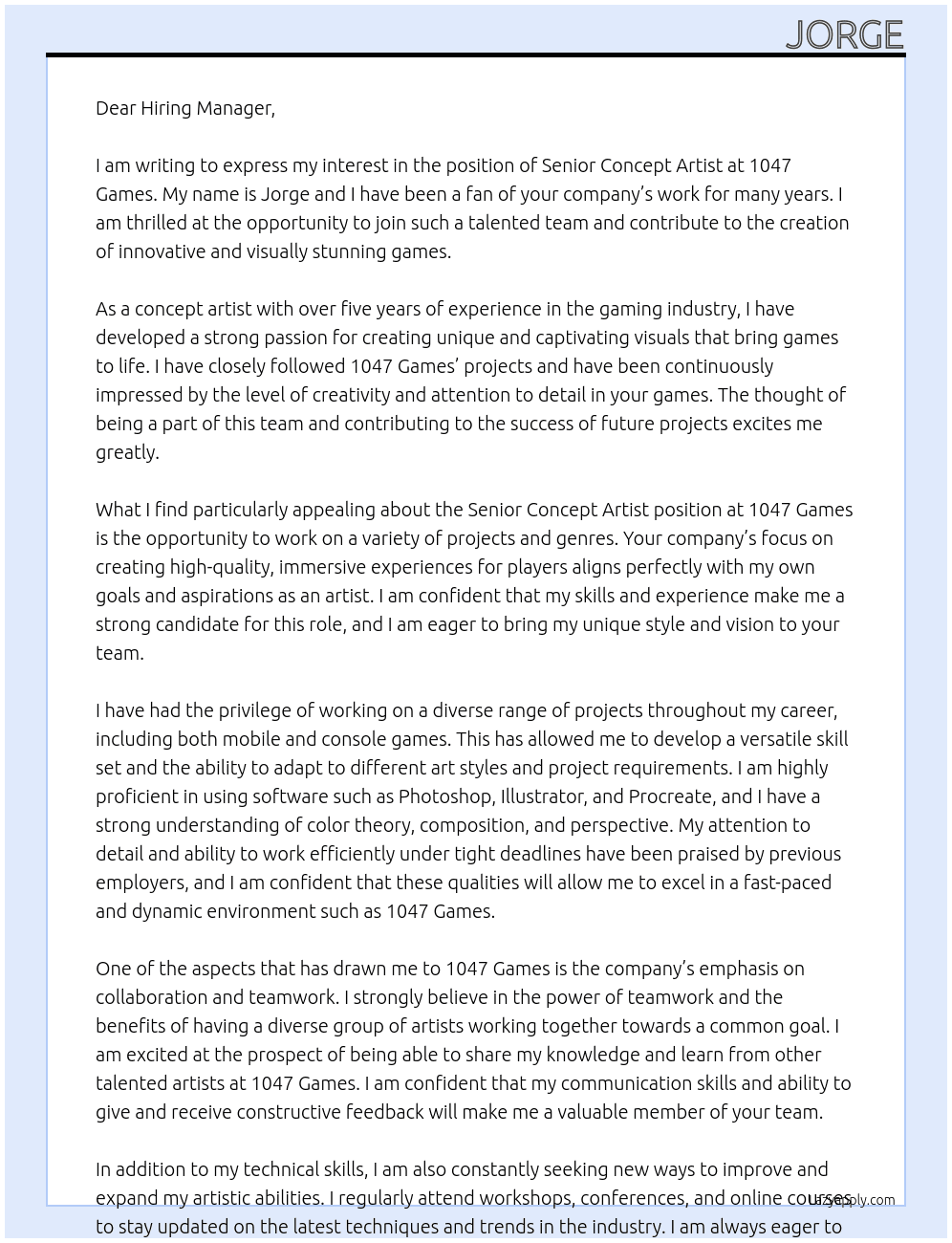Senior concept artist At 1047 games Cover Letter