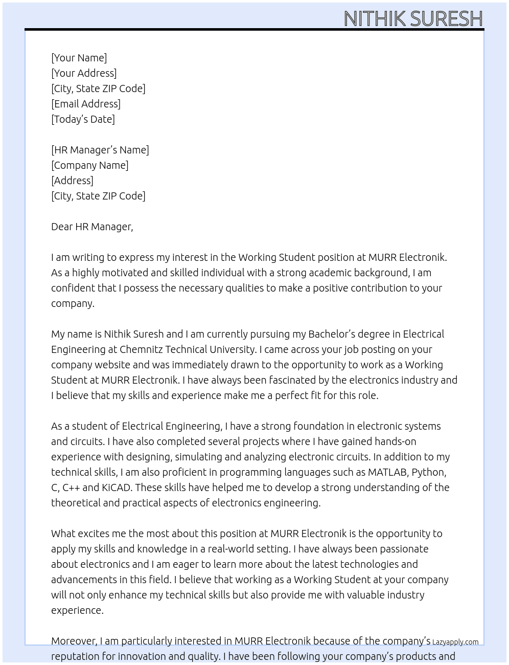 Working Student At MURR Electronik Cover Letter