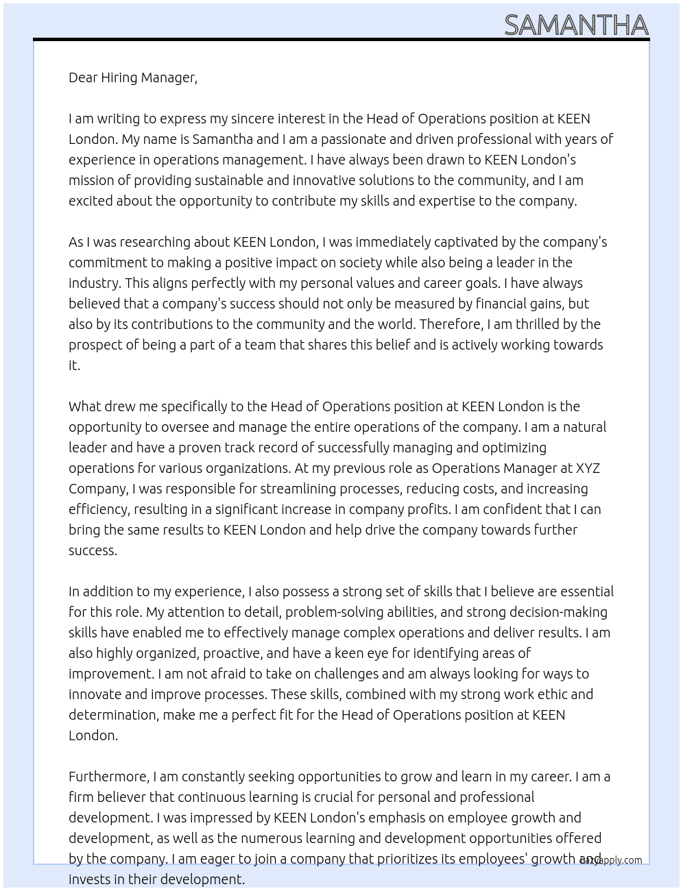 head of operations At KEEN London Cover Letter