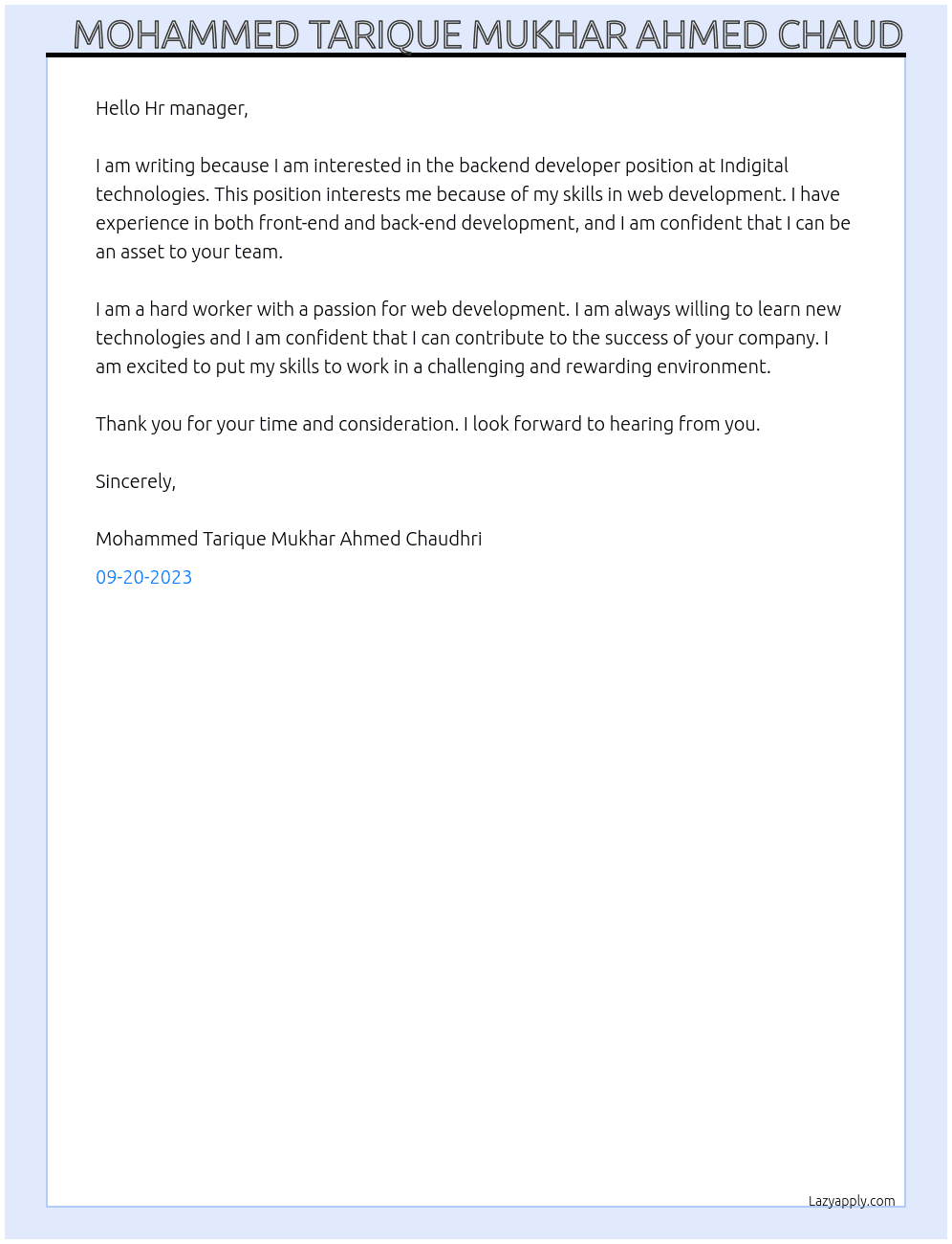 Backend developer At Indigital technologies Cover Letter